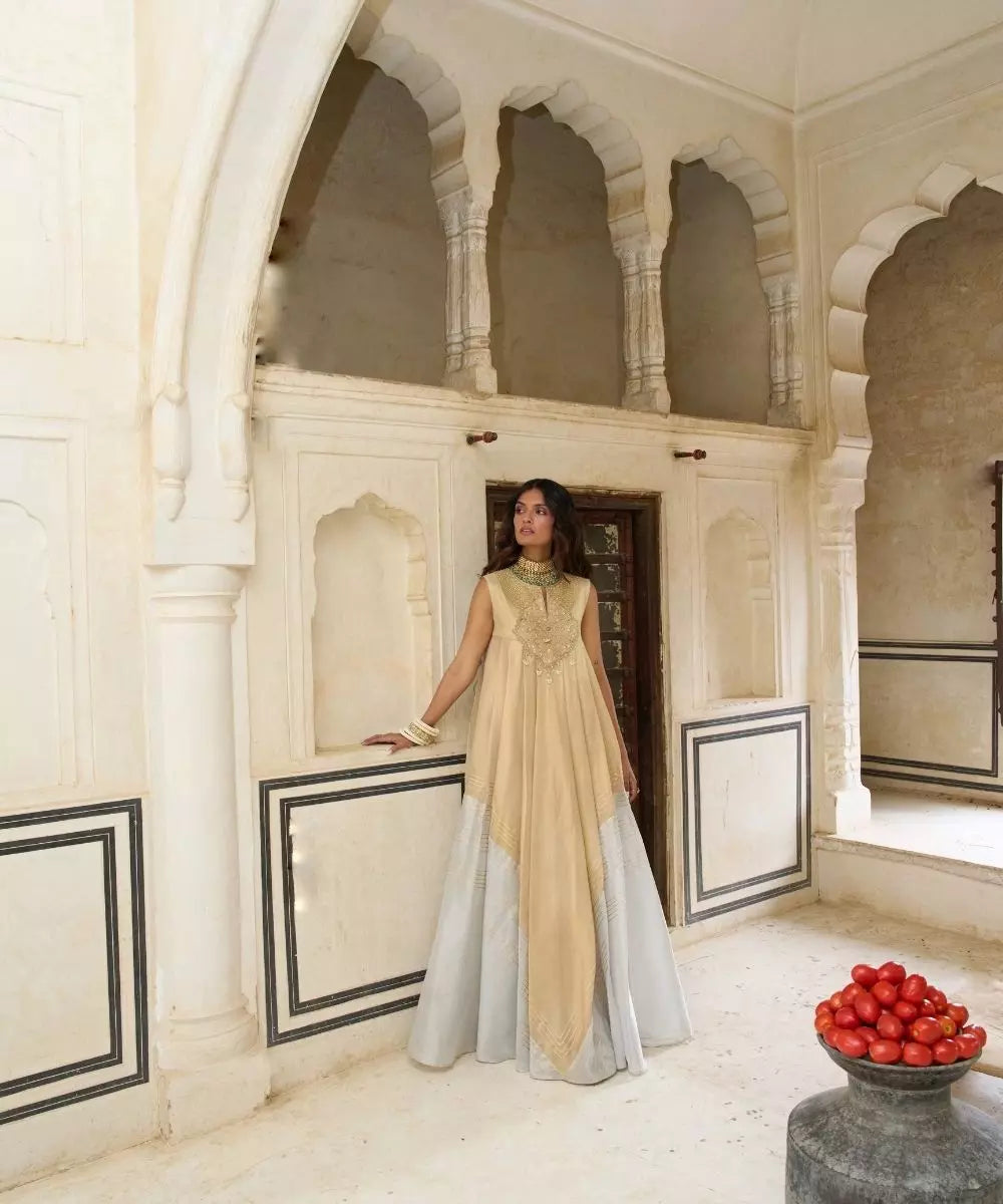Aditi Gupta - Champagne Gold and Moonlight Mist Choga in Cotton Tissue