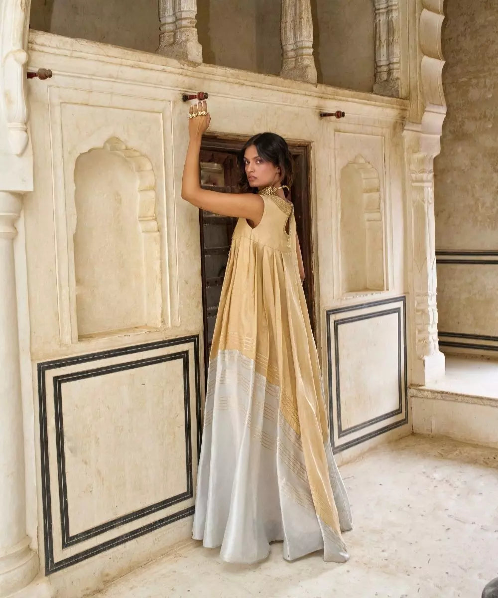Aditi Gupta - Champagne Gold and Moonlight Mist Choga in Cotton Tissue