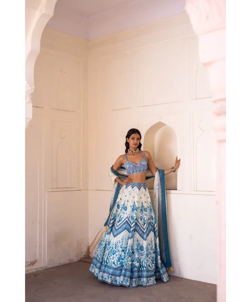 LABEL ANUSHREE- Off-White and Blue Skirt Set