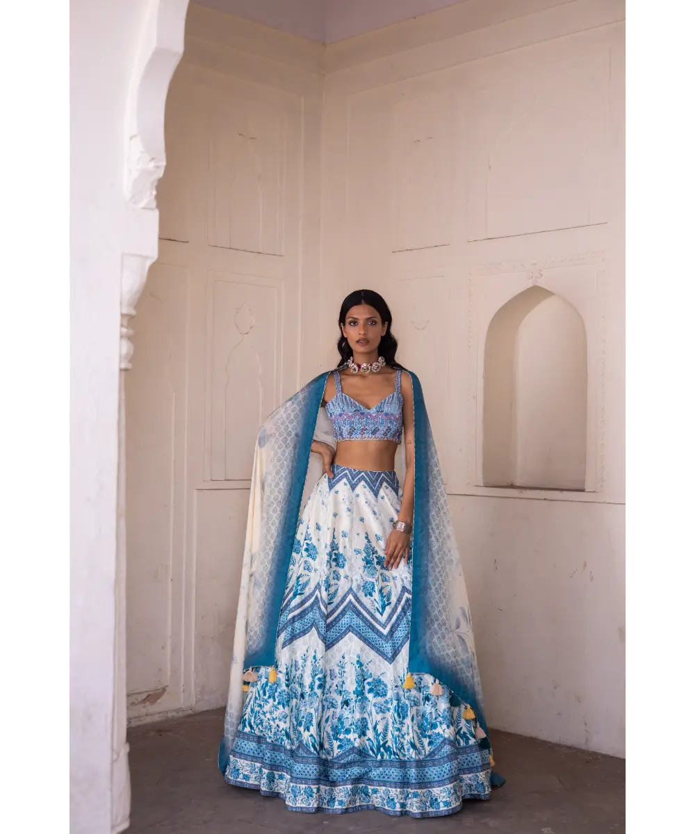 LABEL ANUSHREE- Off-White and Blue Skirt Set