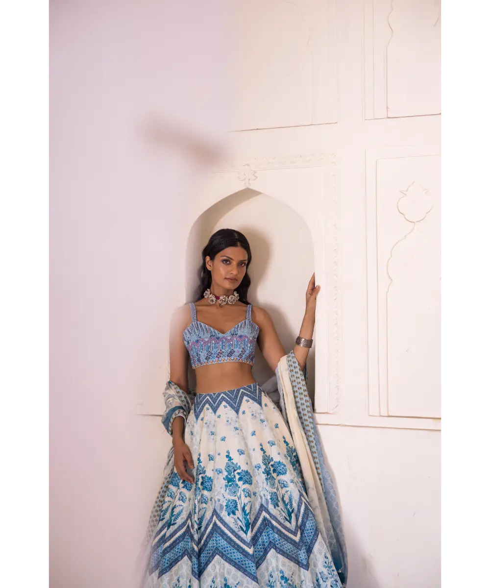 LABEL ANUSHREE- Off-White and Blue Skirt Set