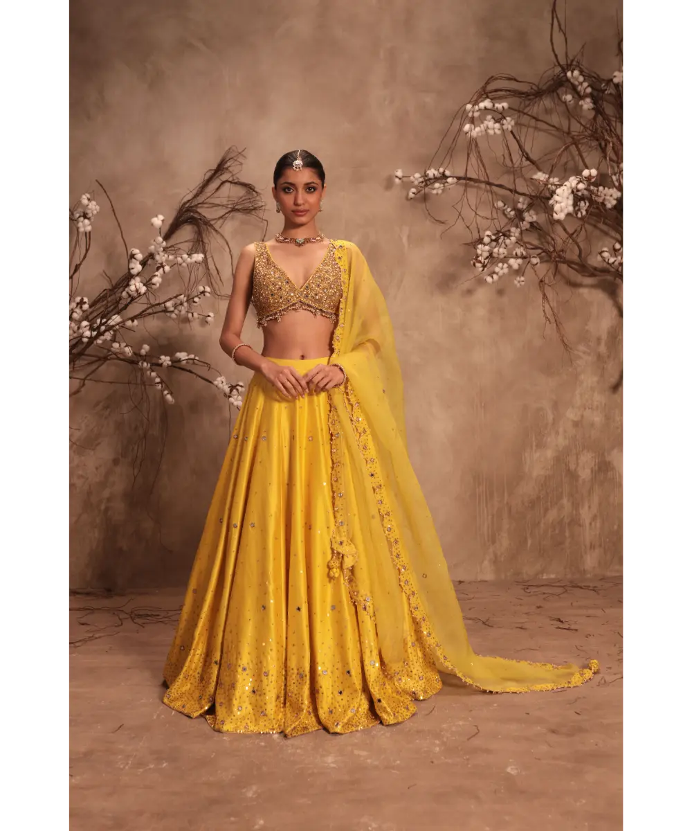 NITI BHOTRA - Nazakat Yellow  Heavy Mirror Work Sleeveless Lehenga Set