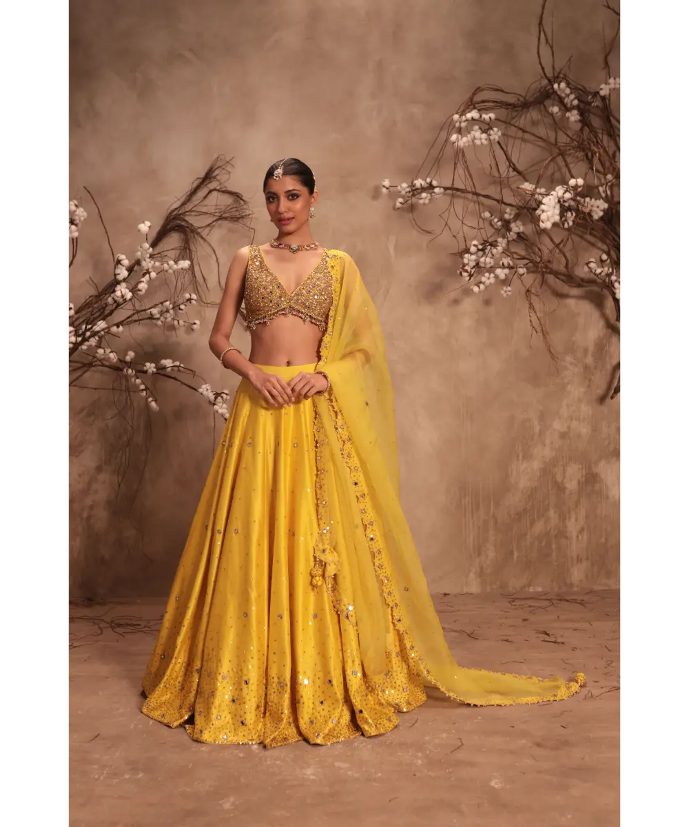 NITI BHOTRA - Nazakat Yellow  Heavy Mirror Work Sleeveless Lehenga Set