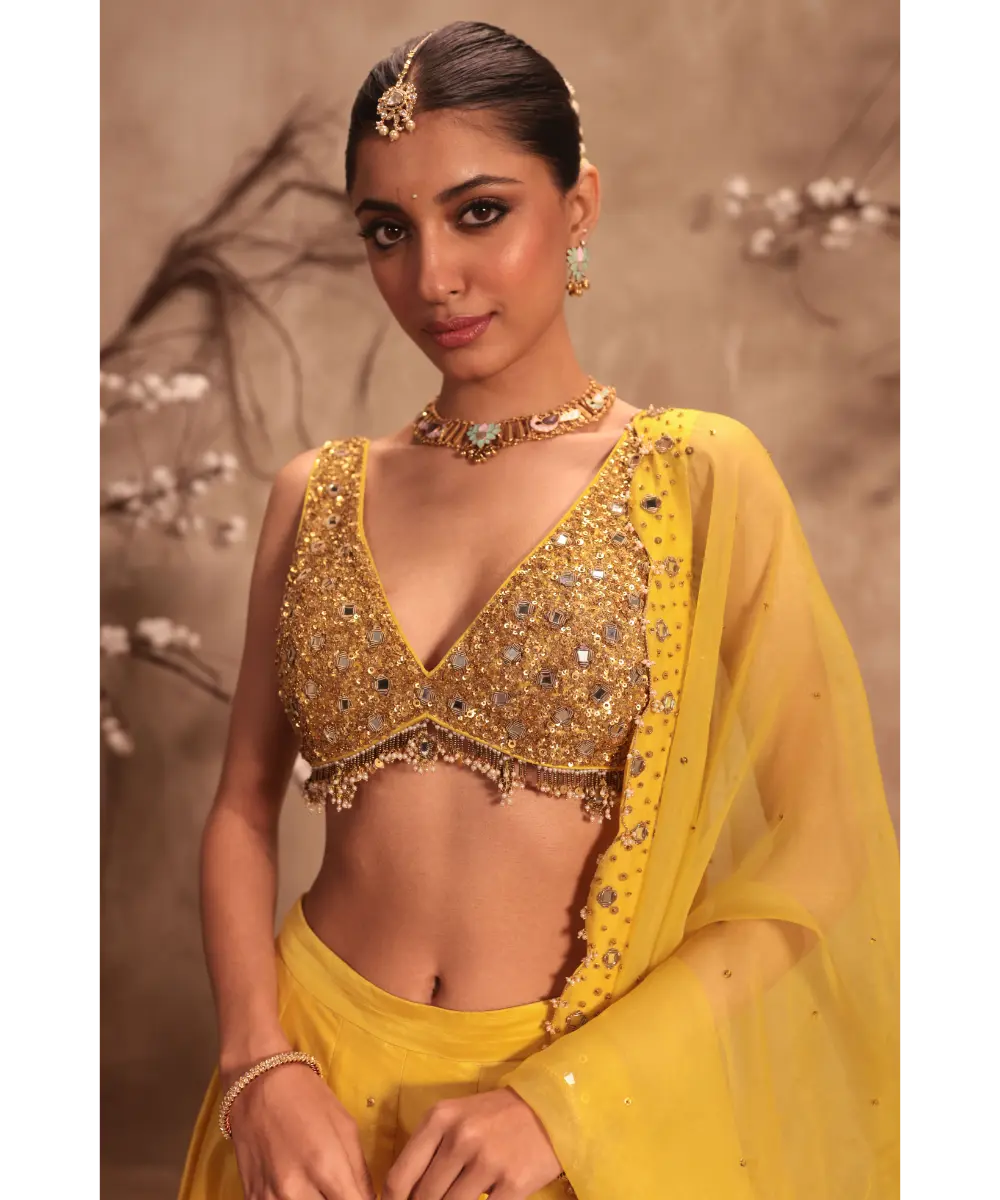NITI BHOTRA - Nazakat Yellow  Heavy Mirror Work Sleeveless Lehenga Set