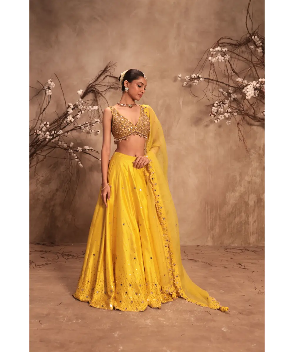 NITI BHOTRA - Nazakat Yellow  Heavy Mirror Work Sleeveless Lehenga Set