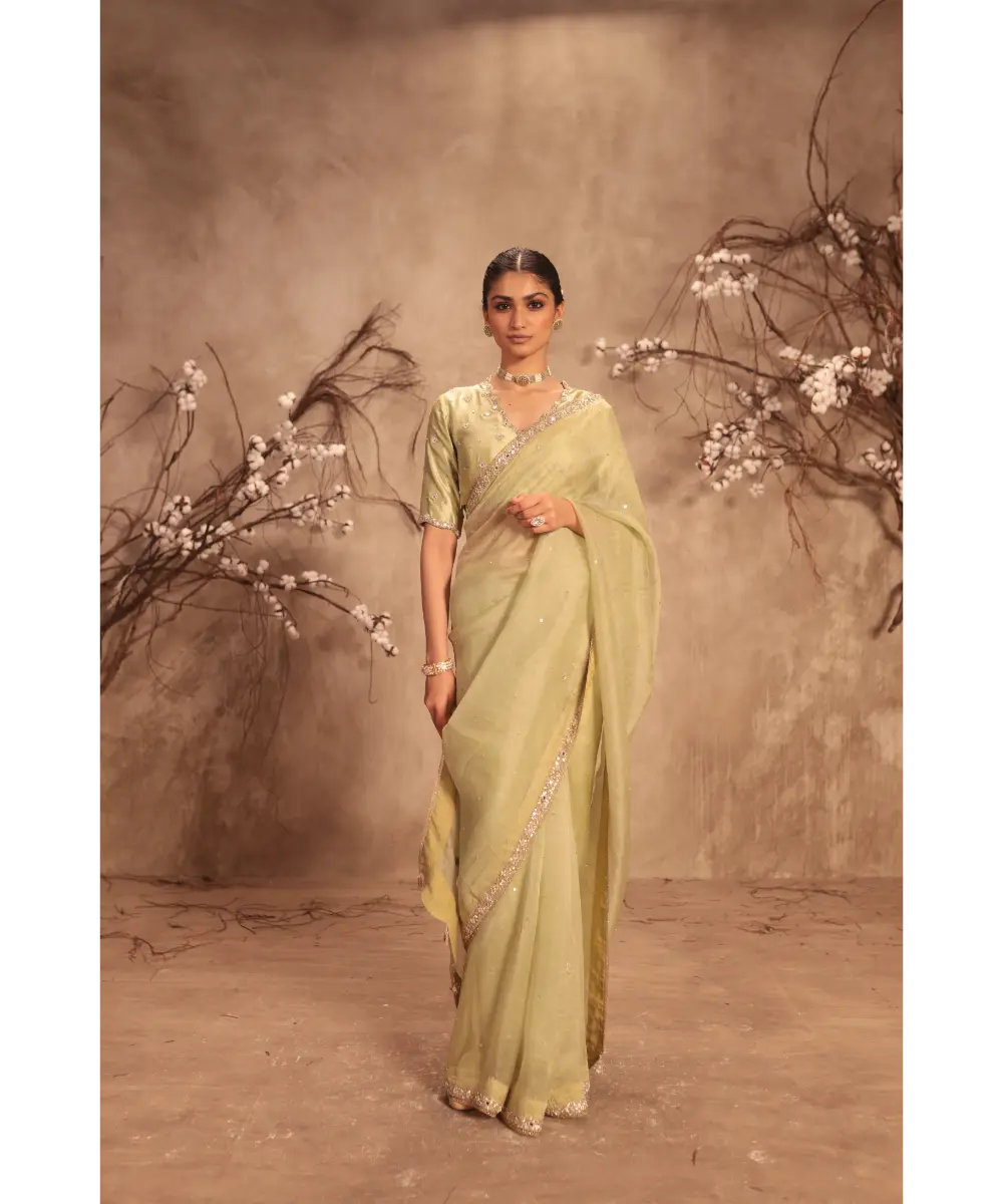 NITI BHOTRA - Nazakat Light Green Organza Mirror Work Saree Set