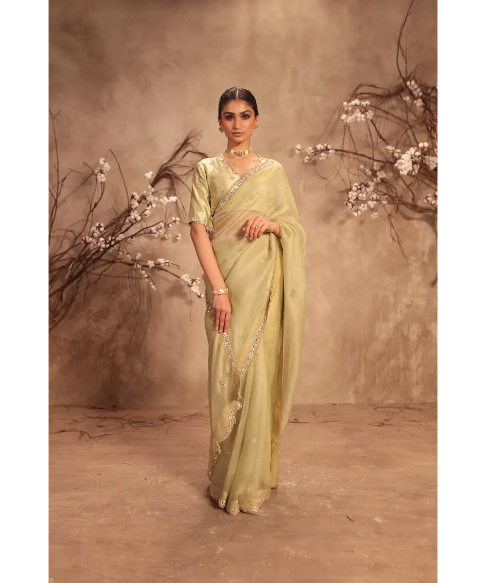 NITI BHOTRA - Nazakat Light Green Organza Mirror Work Saree Set