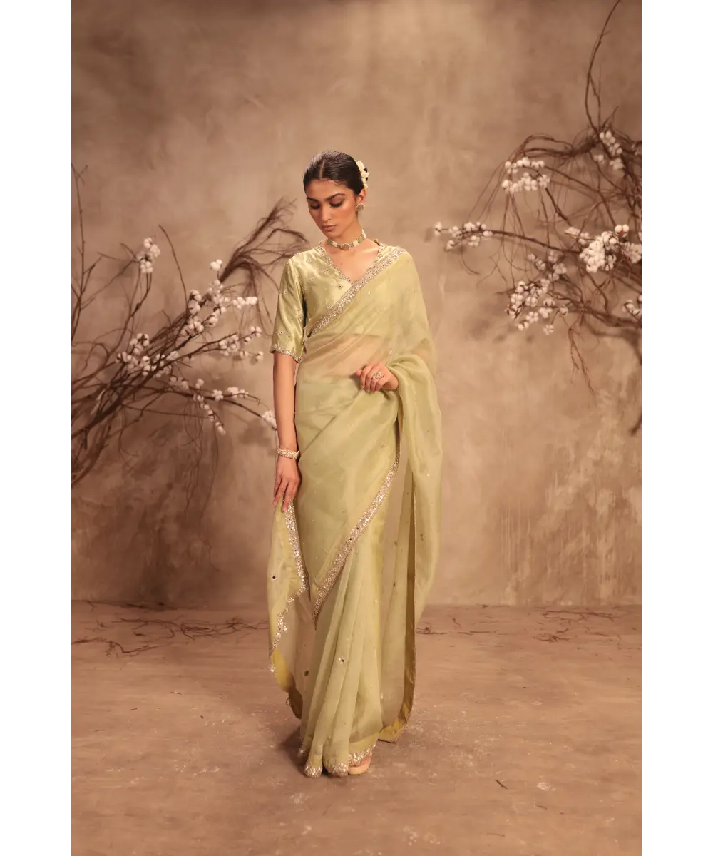 NITI BHOTRA - Nazakat Light Green Organza Mirror Work Saree Set