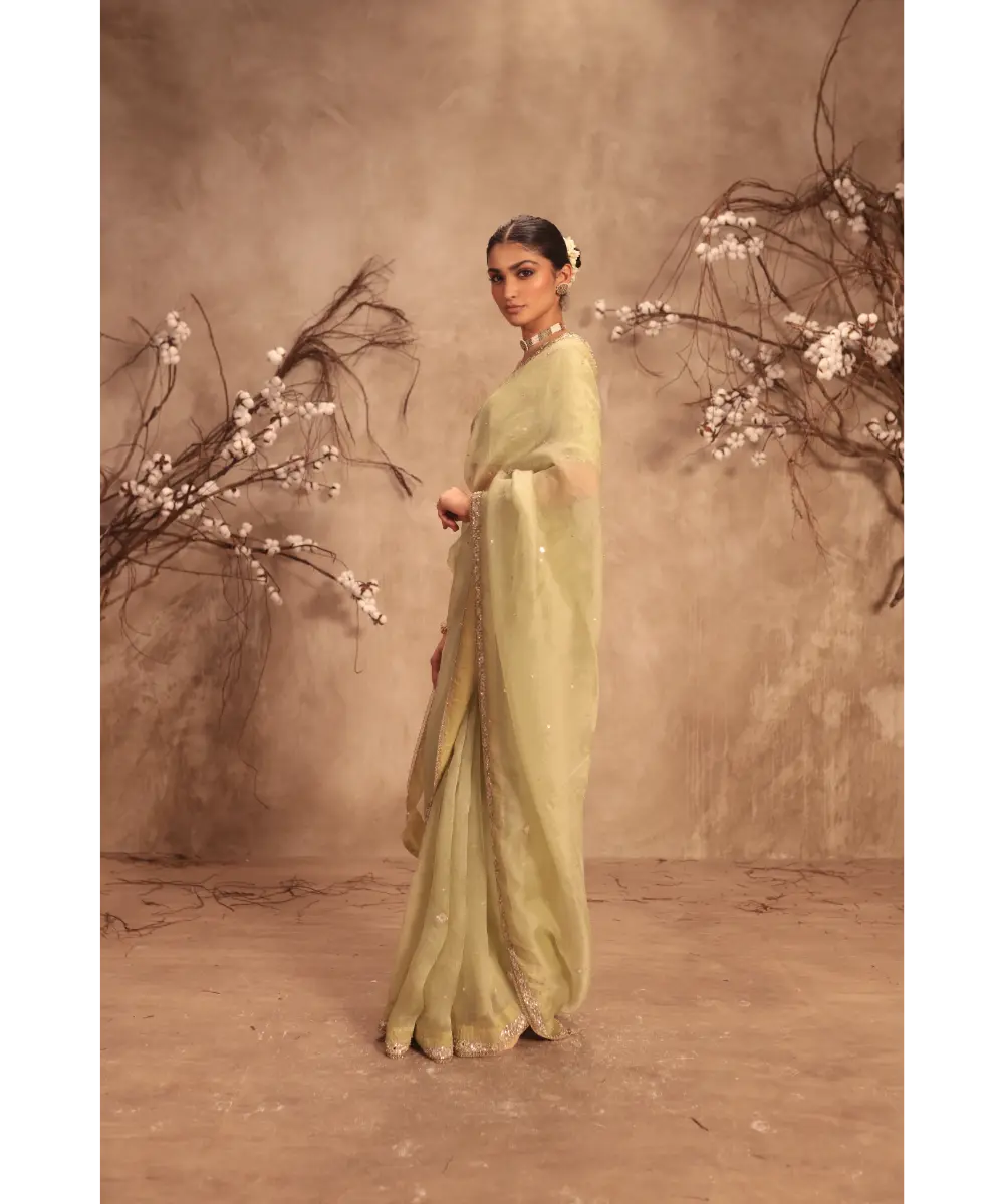 NITI BHOTRA - Nazakat Light Green Organza Mirror Work Saree Set