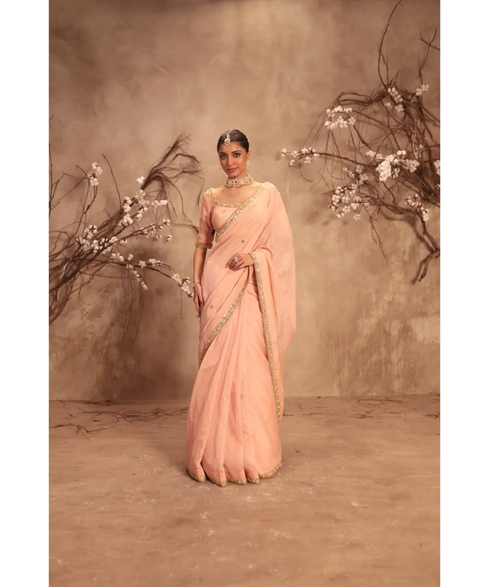 NITI BHOTRA - Nazakat Light Pink Mirror Work Scallop Saree Set