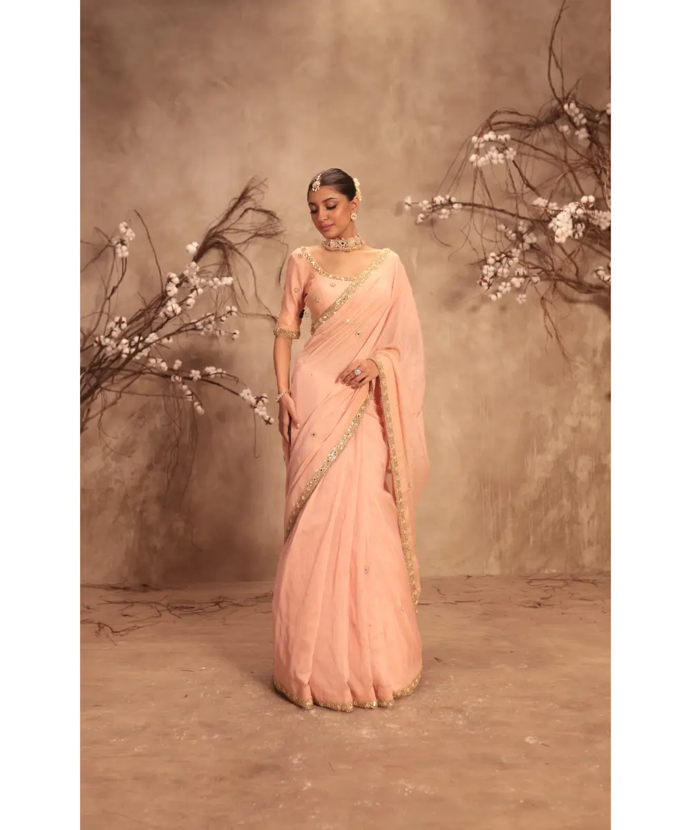NITI BHOTRA - Nazakat Light Pink Mirror Work Scallop Saree Set