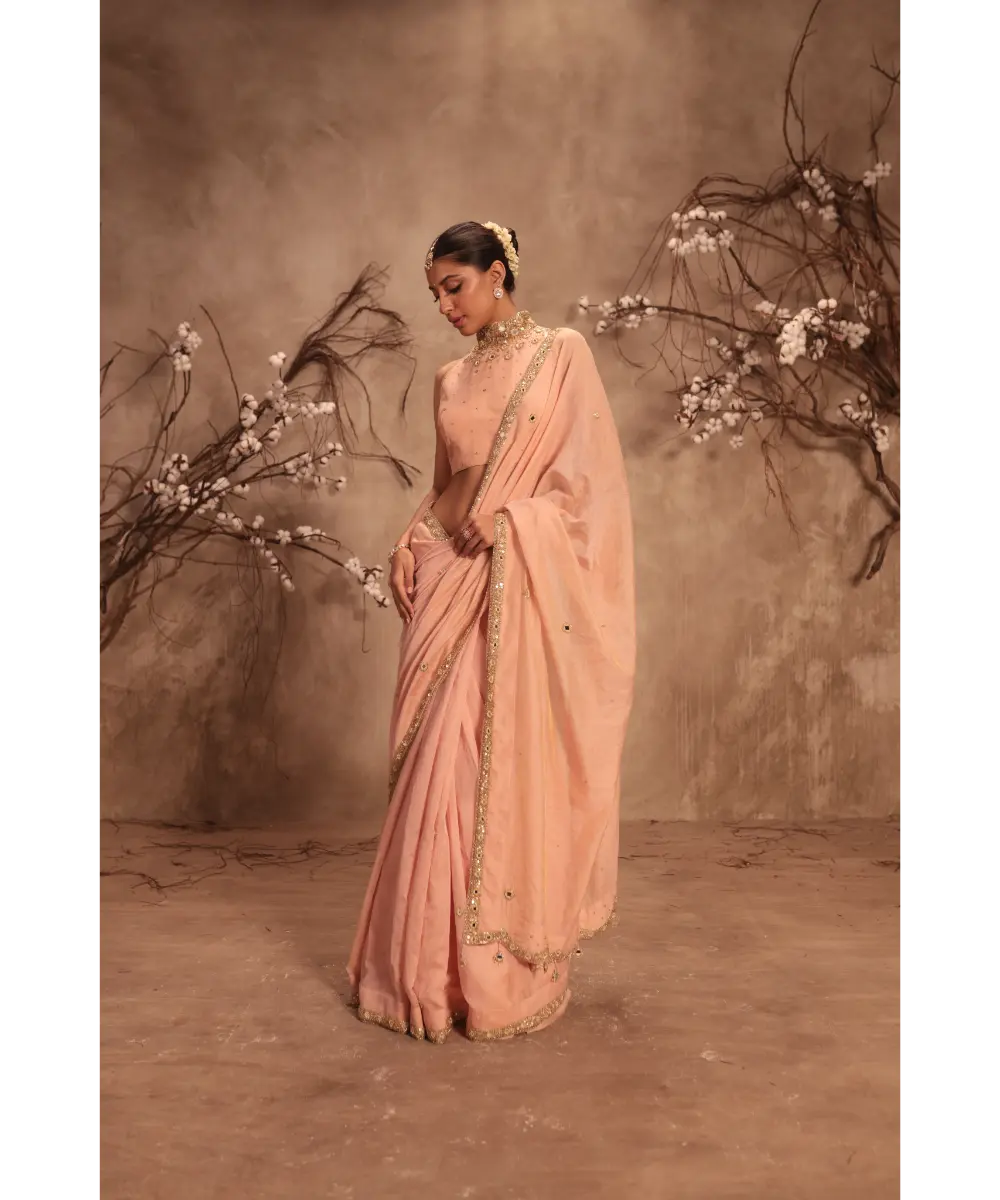 NITI BHOTRA - Nazakat Light Pink Choker Neck Scallop Saree Set
