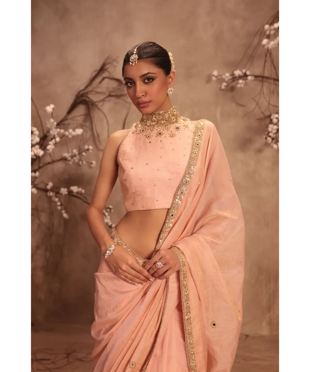 NITI BHOTRA - Nazakat Light Pink Choker Neck Scallop Saree Set
