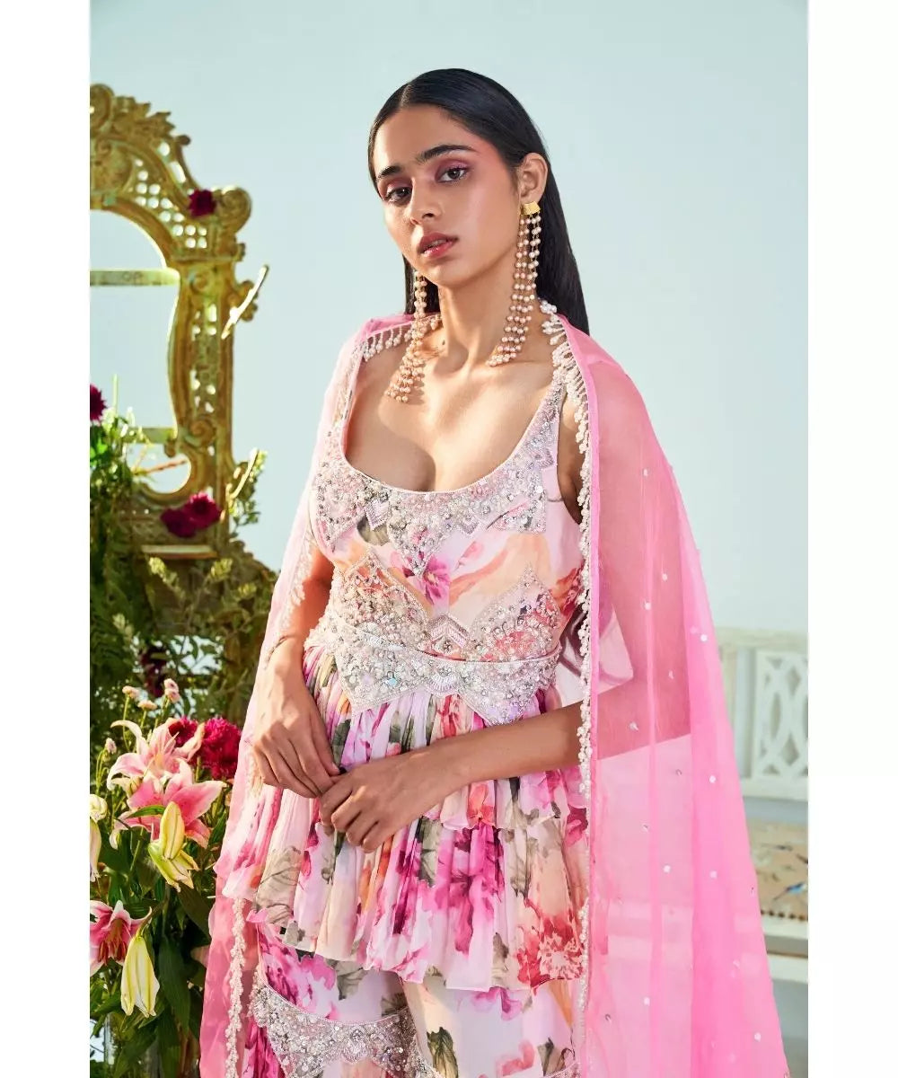 MANI BHATIYA - Floral pink Printed Peplum & Gharara set