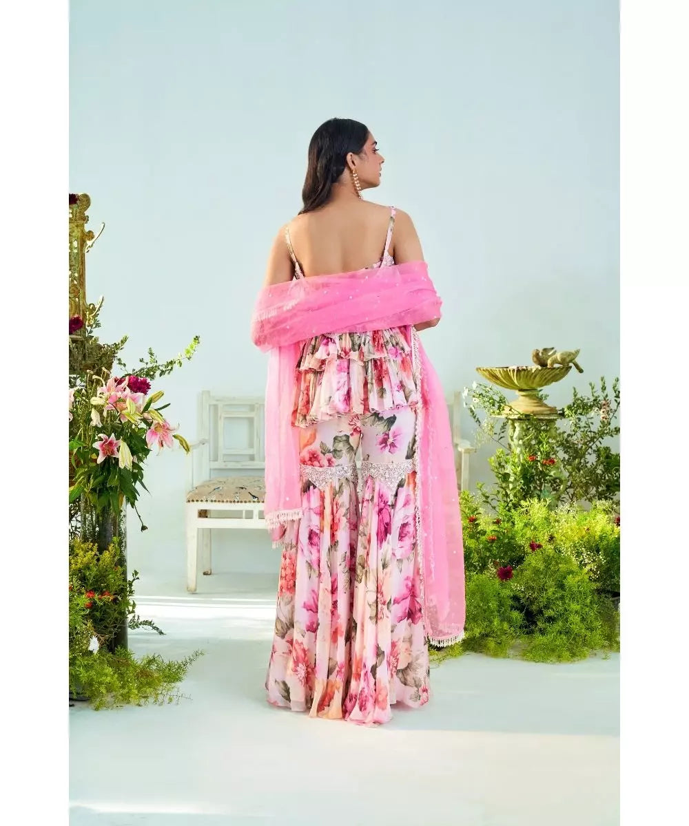 MANI BHATIYA - Floral pink Printed Peplum & Gharara set