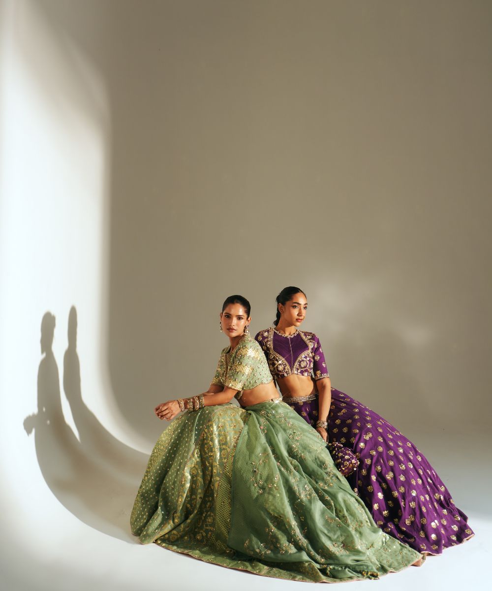 JIYA - HEAVY HAND EMBROIDERED PISTA GREEN KALI LEHENGA - Mehfil by Mahima Mahajan