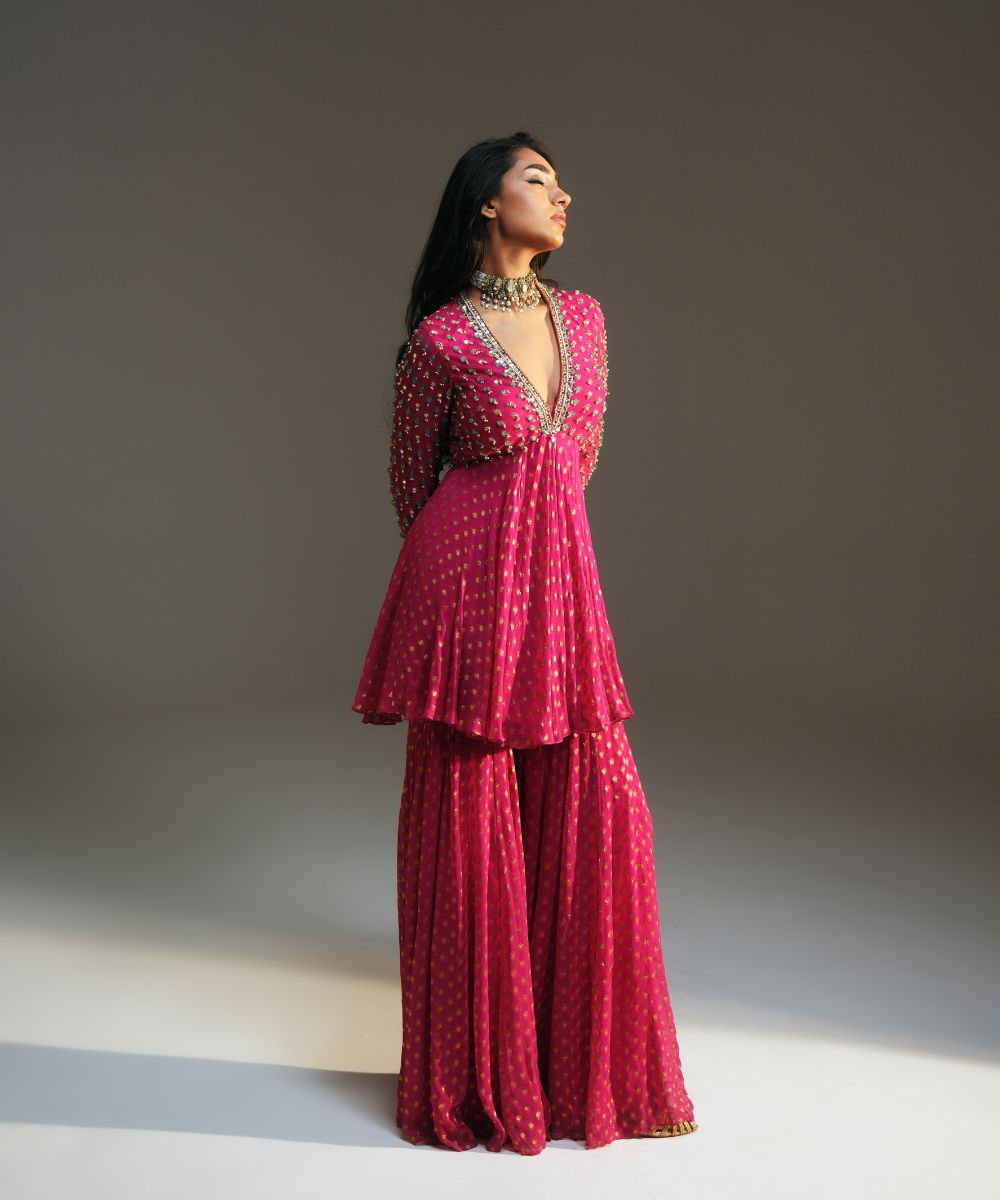 NAINA - HAND EMBROIDERED RANI PINK SHORT KURTA AND SHARARA - Mehfil by Mahima Mahajan