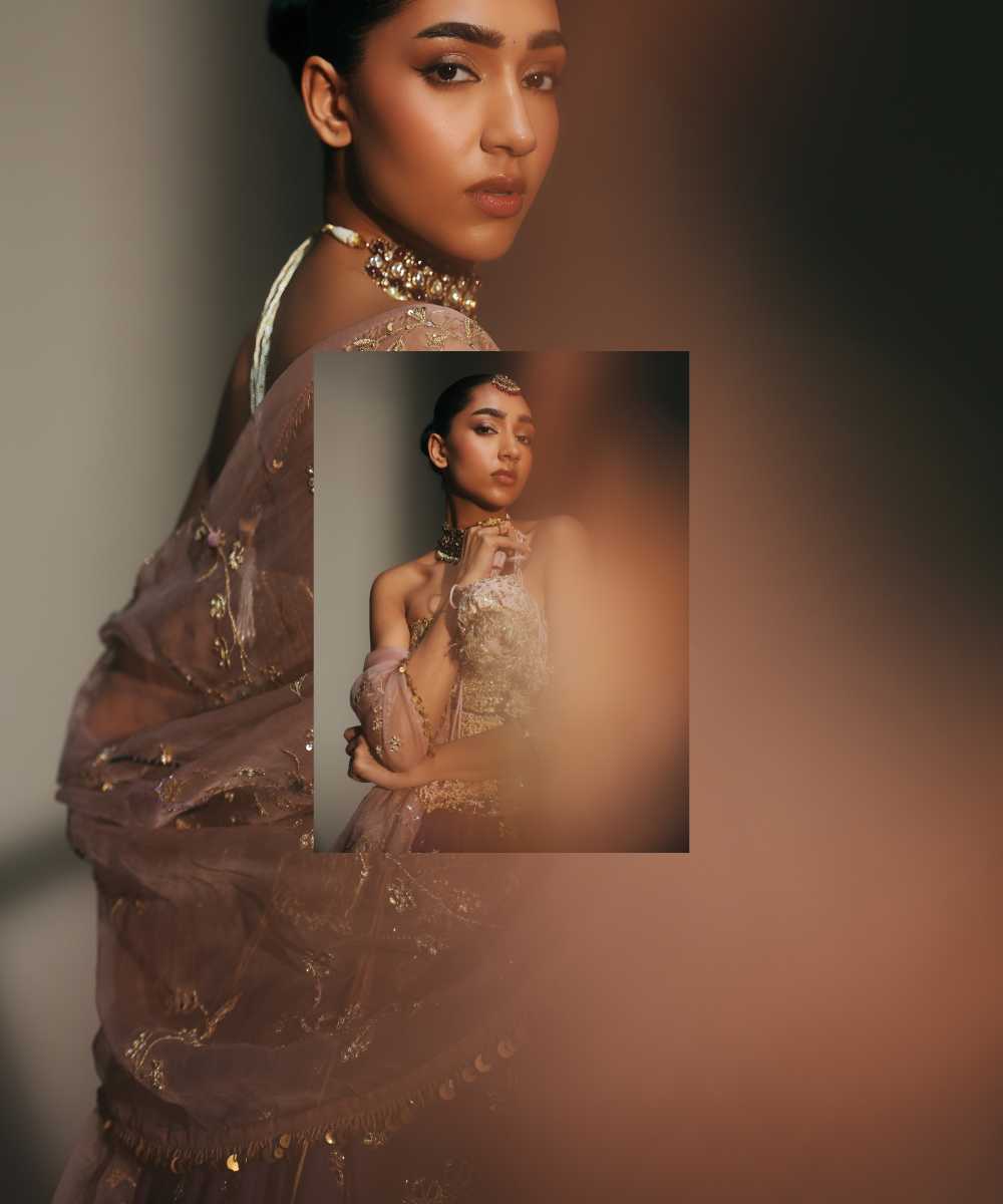 BINDIYA - HAND EMBROIERED BOOTI LEHENGA WITH GOLDEN CORSET AND DUPATTA- Mehfil by Mahima Mahajan