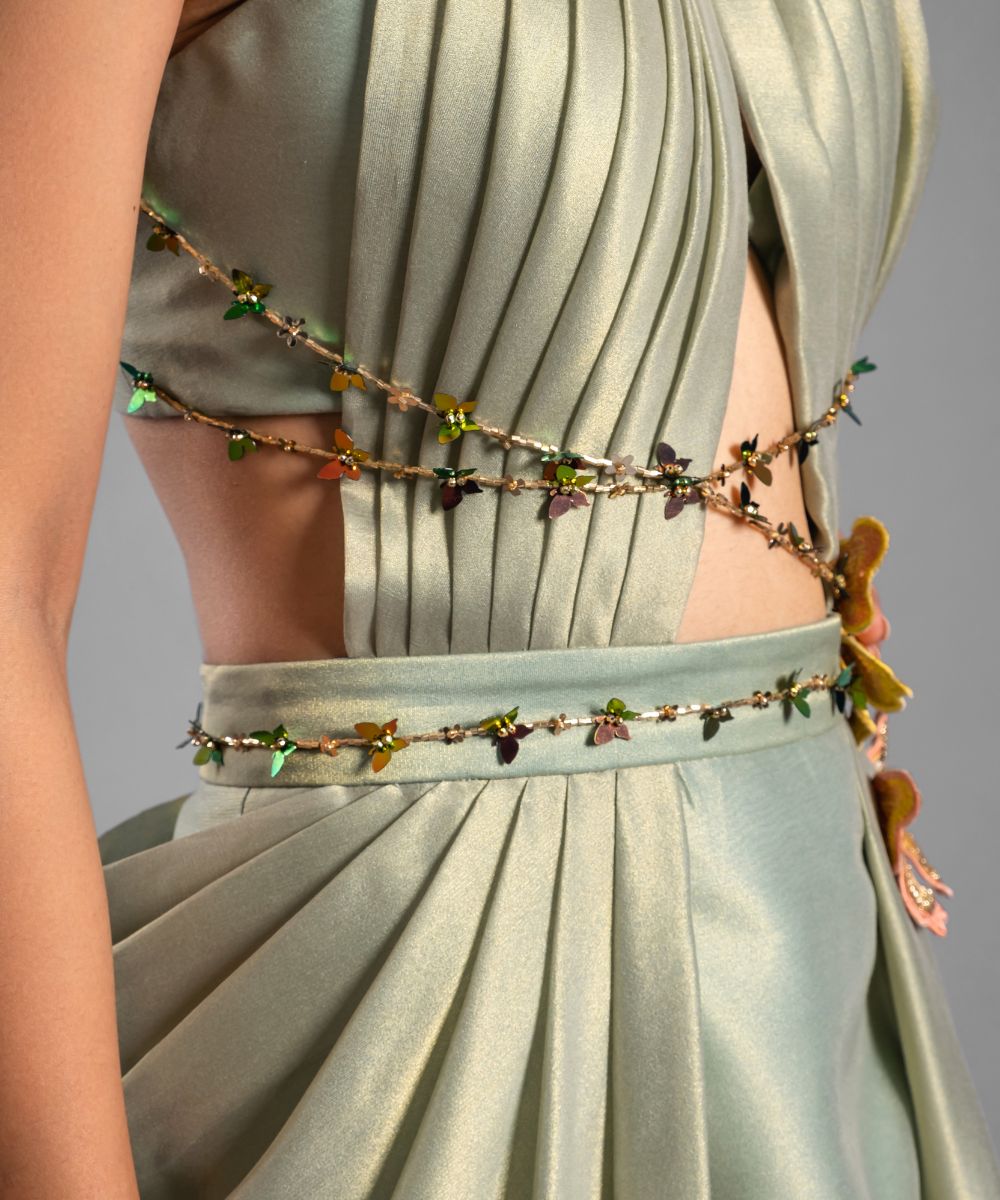 Light green Brocade Dress, Gold handwork Belt