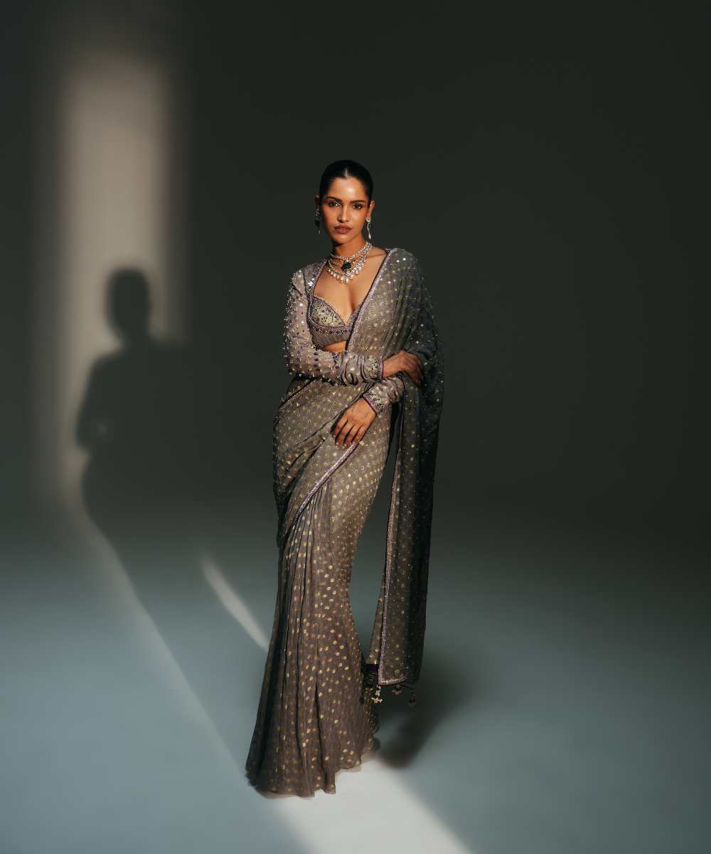 DRITI - PLATINUM HAND EMBROIDERED PREDRAPED SAREE - Mehfil by Mahima Mahajan