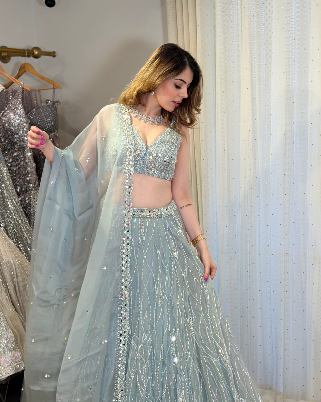 Sanya Gulati - Powder Blue Organza Lehenga Set