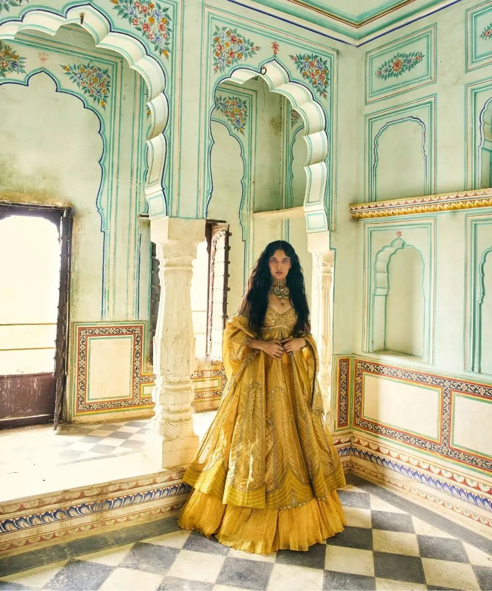 Aditi Gupta - Mustard Yellow pure Zari Tissue Jacket with crushed Silk Skirt Set