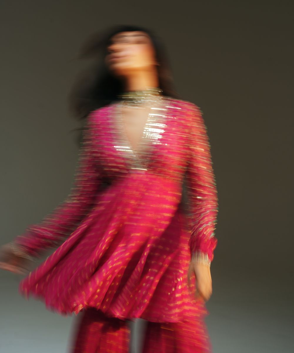 NAINA - HAND EMBROIDERED RANI PINK SHORT KURTA AND SHARARA - Mehfil by Mahima Mahajan