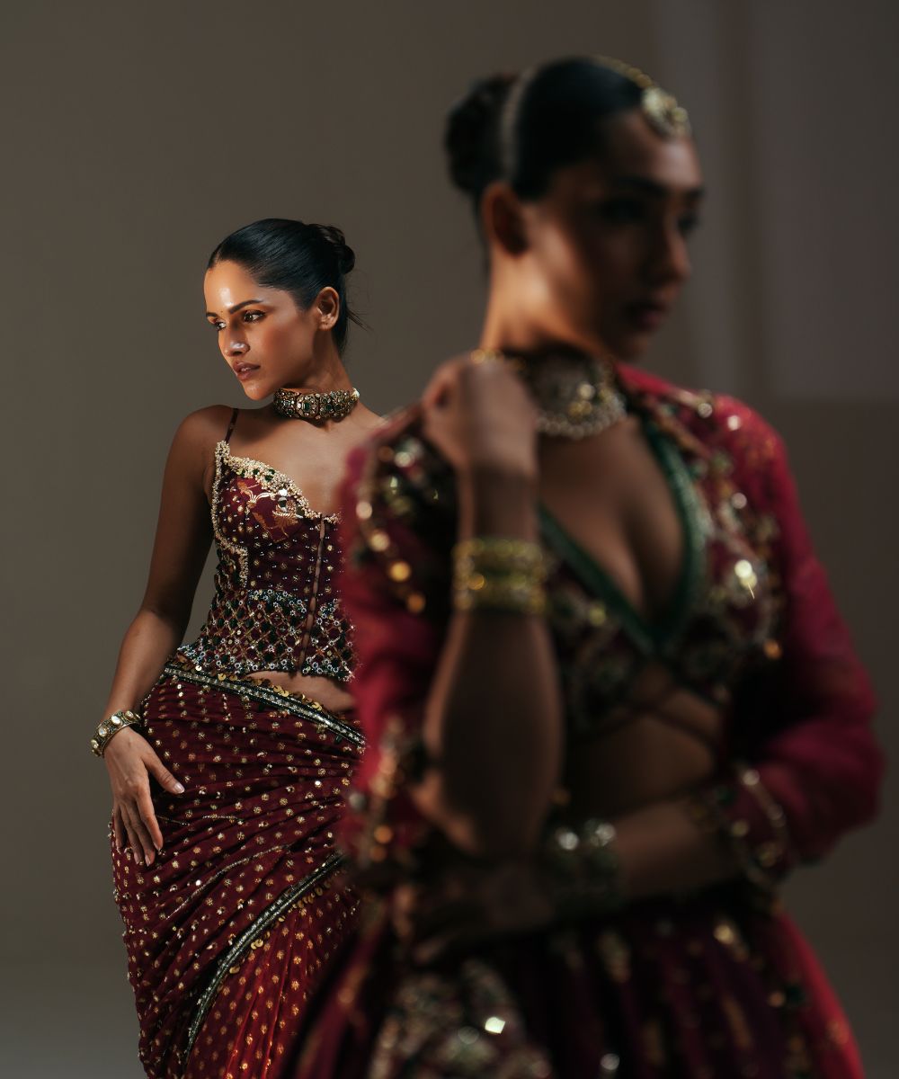 YAMINI - PREDRAPED SAREE PAIRED WITH EMBROIDERED CORSET - Mehfil by Mahima Mahajan