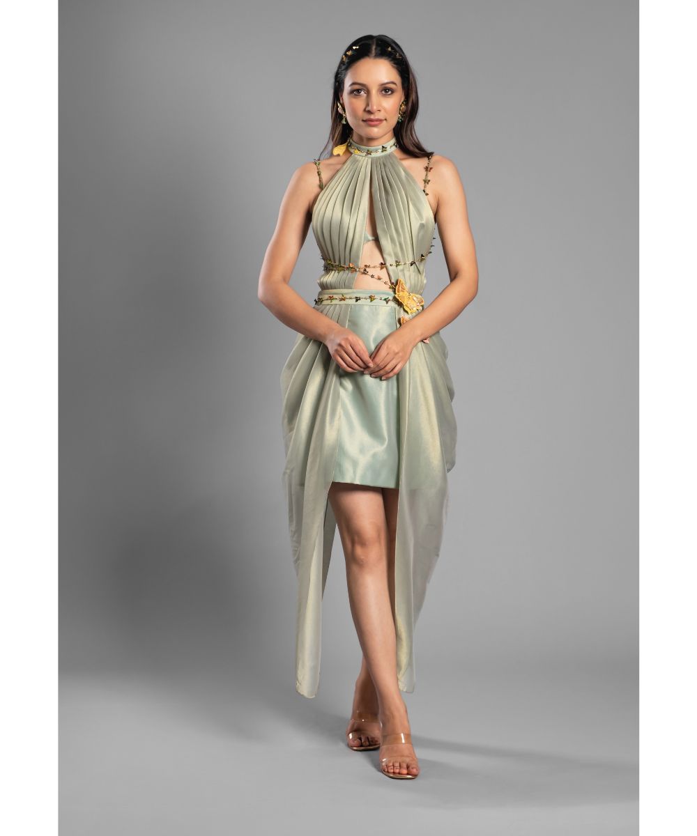 Aastha Sood - Light green Brocade Dress, Gold handwork Belt