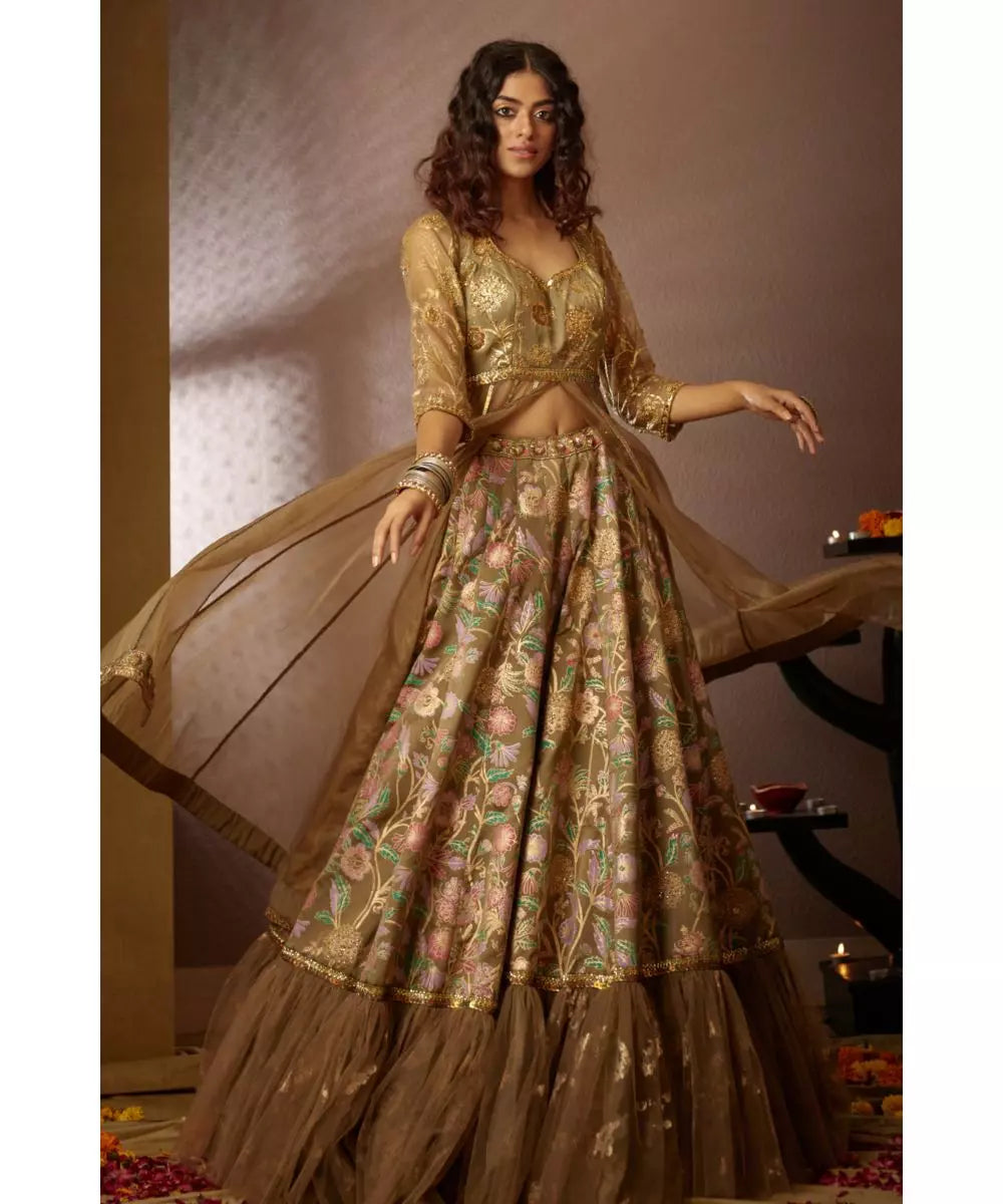 MOLEDRO - Jheel Lehenga Set - Mouse Grey Floral Anarkali Lehenga
