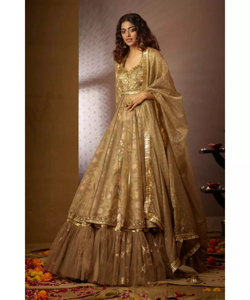 MOLEDRO - Jheel Lehenga Set - Mouse Grey Floral Anarkali Lehenga