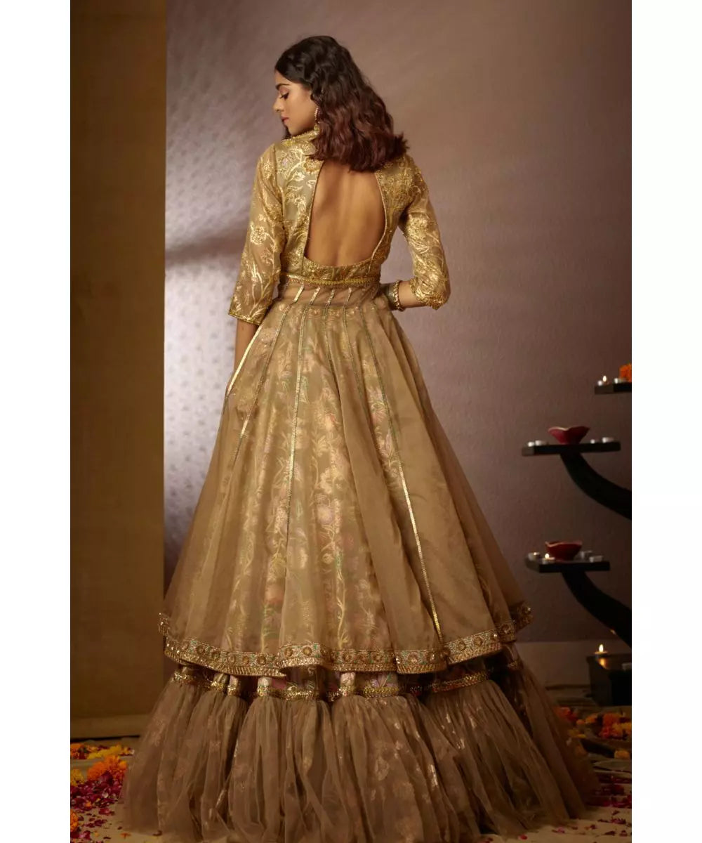 MOLEDRO - Jheel Lehenga Set - Mouse Grey Floral Anarkali Lehenga