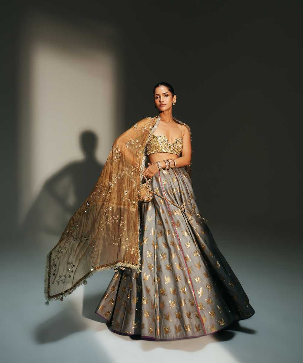 HINA - LEHENGA-PLATINUM BLOUSE & DUPATTA - Mehfil by Mahima Mahajan