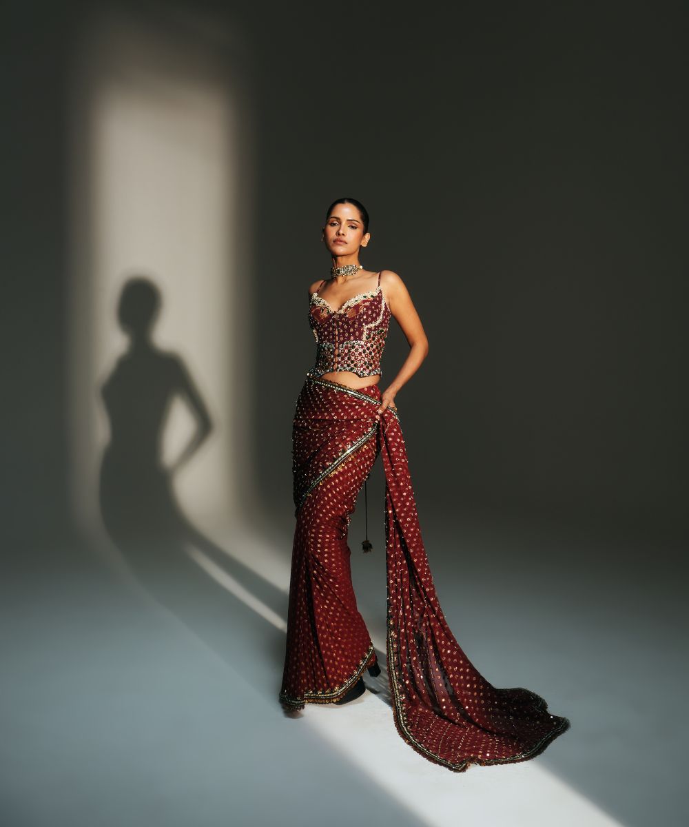 YAMINI - PREDRAPED SAREE PAIRED WITH EMBROIDERED CORSET - Mehfil by Mahima Mahajan