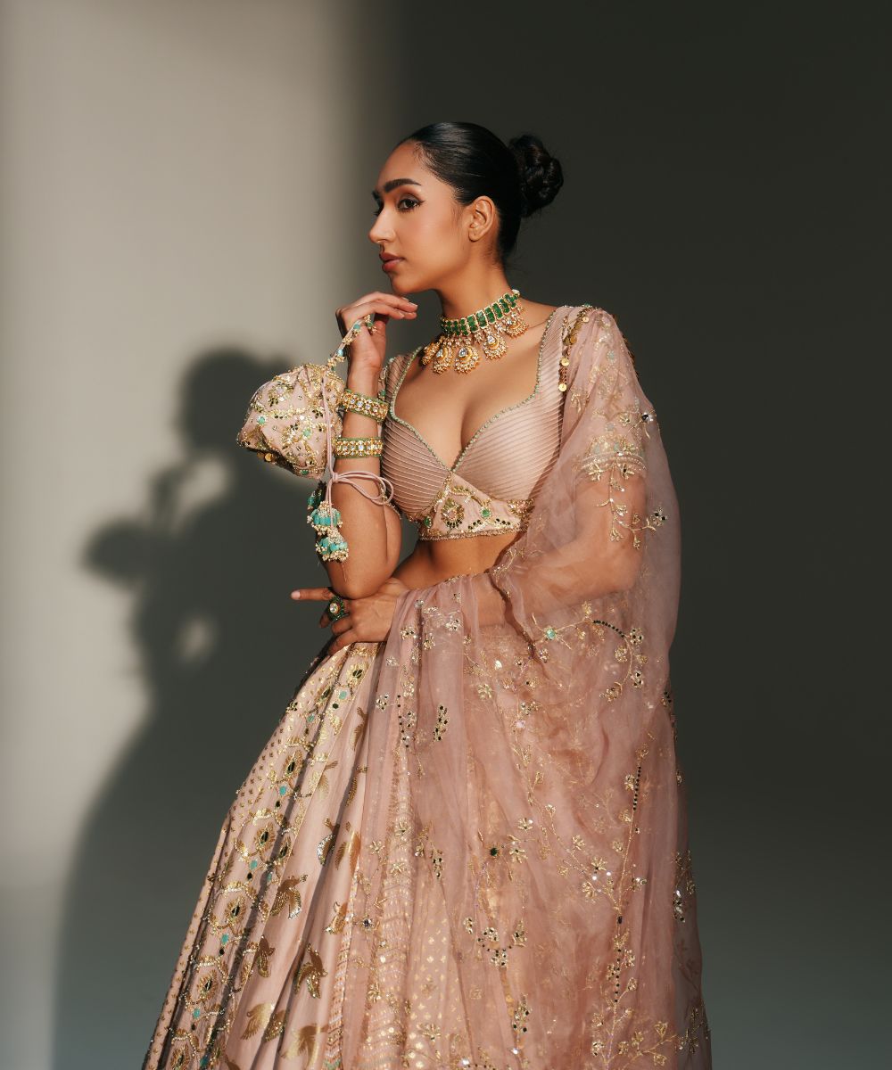 VIDHI - HAND EMBROIDERED BLUSH PINK KALI LEHENGA - Mehfil by Mahima Mahajan
