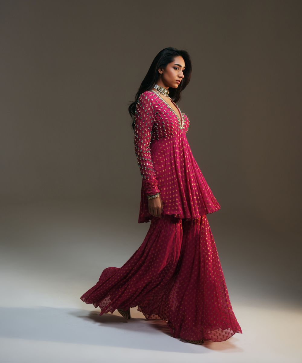NAINA - HAND EMBROIDERED RANI PINK SHORT KURTA AND SHARARA - Mehfil by Mahima Mahajan