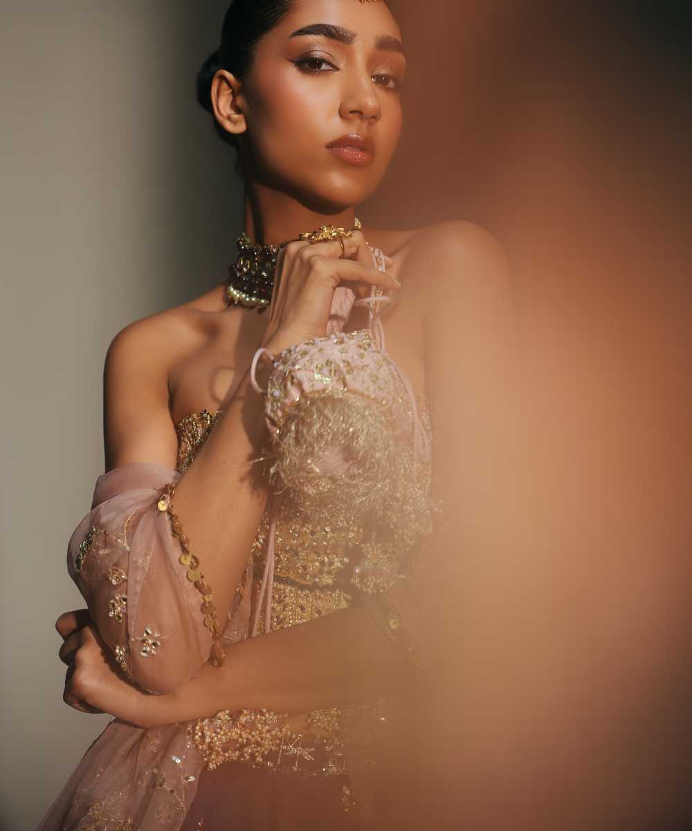 BINDIYA - HAND EMBROIERED BOOTI LEHENGA WITH GOLDEN CORSET AND DUPATTA- Mehfil by Mahima Mahajan