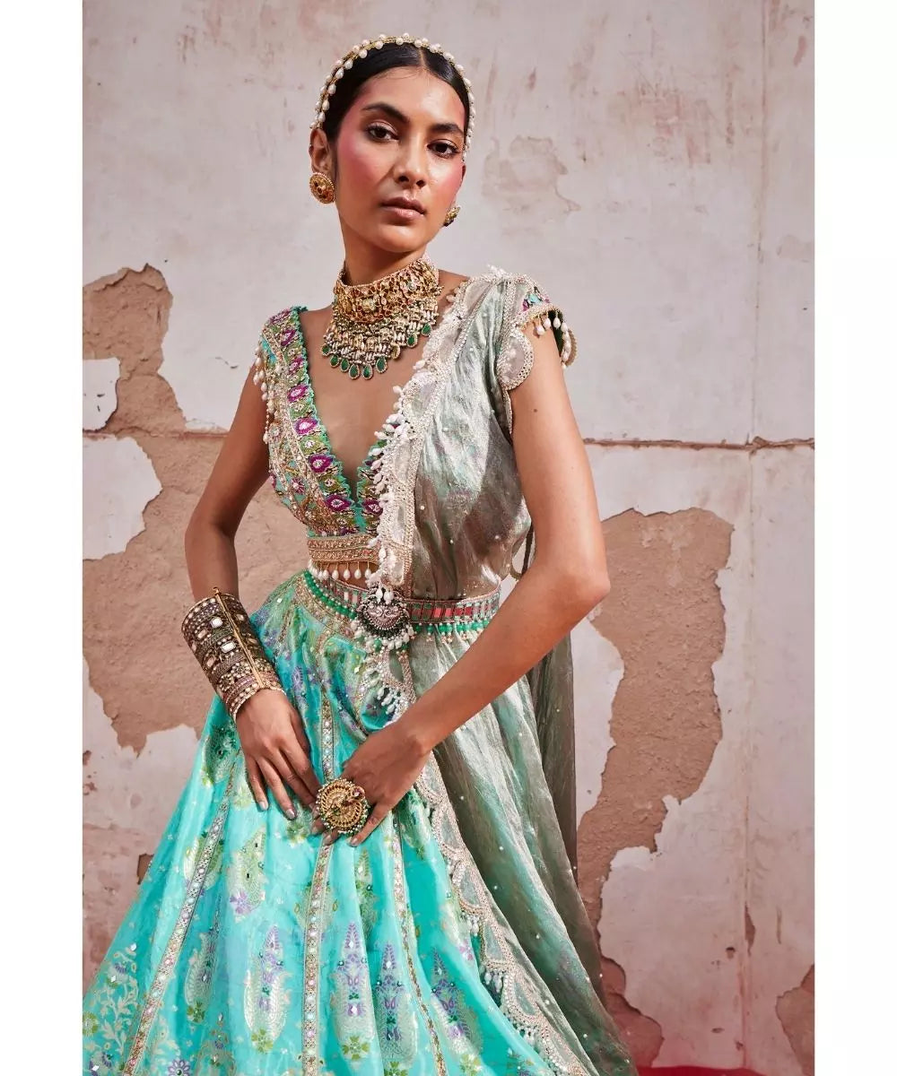 Aditi Gupta - Firozi Chanderi Banarasi Lehenga set