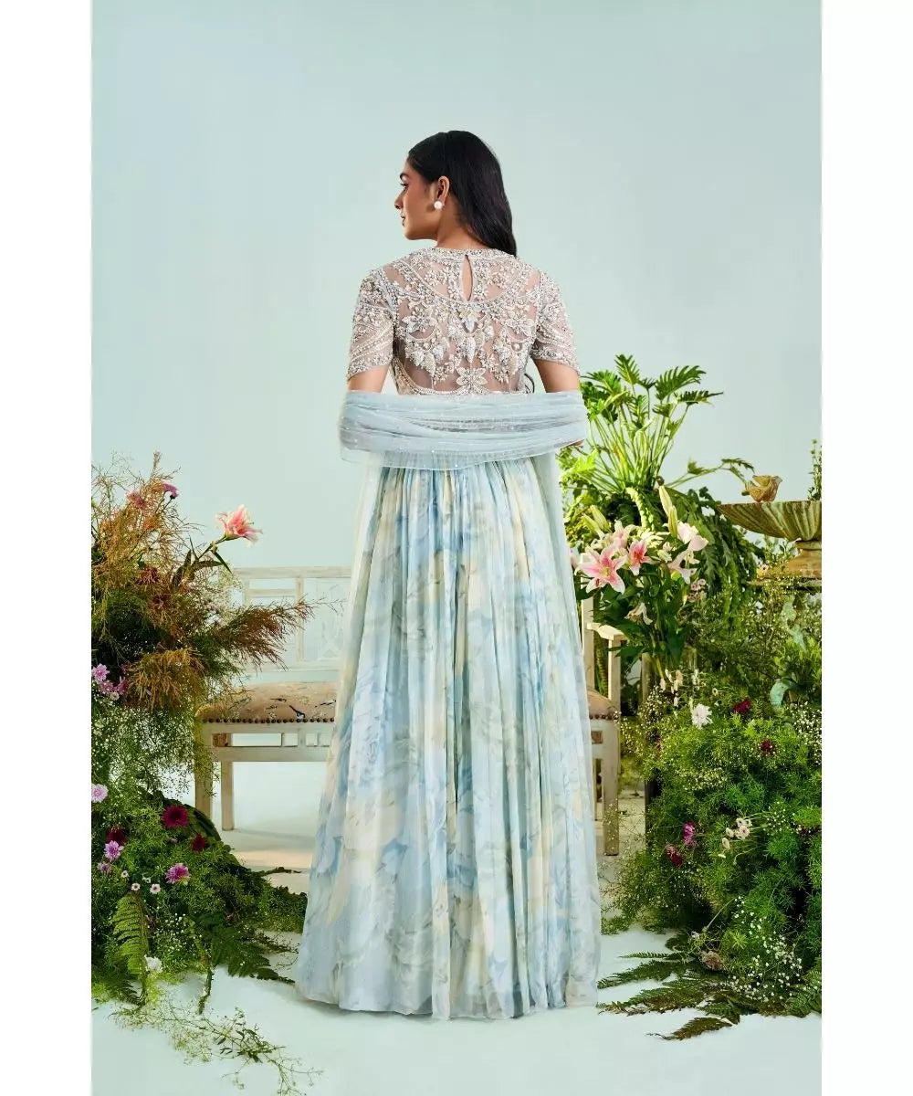 MANI BHATIA - Ice blue floral print Anarkali with Dupatta