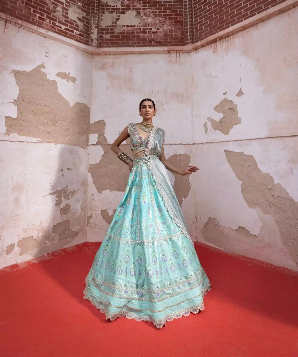 Aditi Gupta - Firozi Chanderi Banarasi Lehenga set