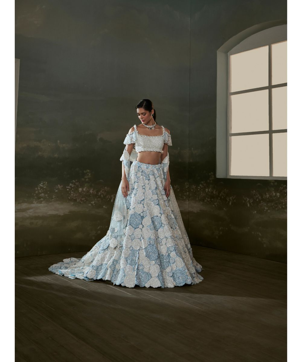 NITIKA GUJRAL - Powder Blue White Trail Lehenga Choli Set