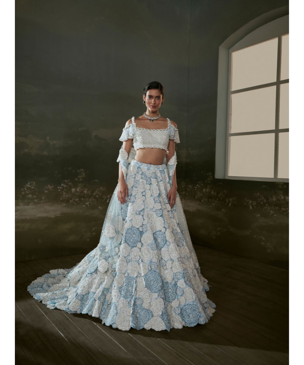 NITIKA GUJRAL - Powder Blue White Trail Lehenga Choli Set