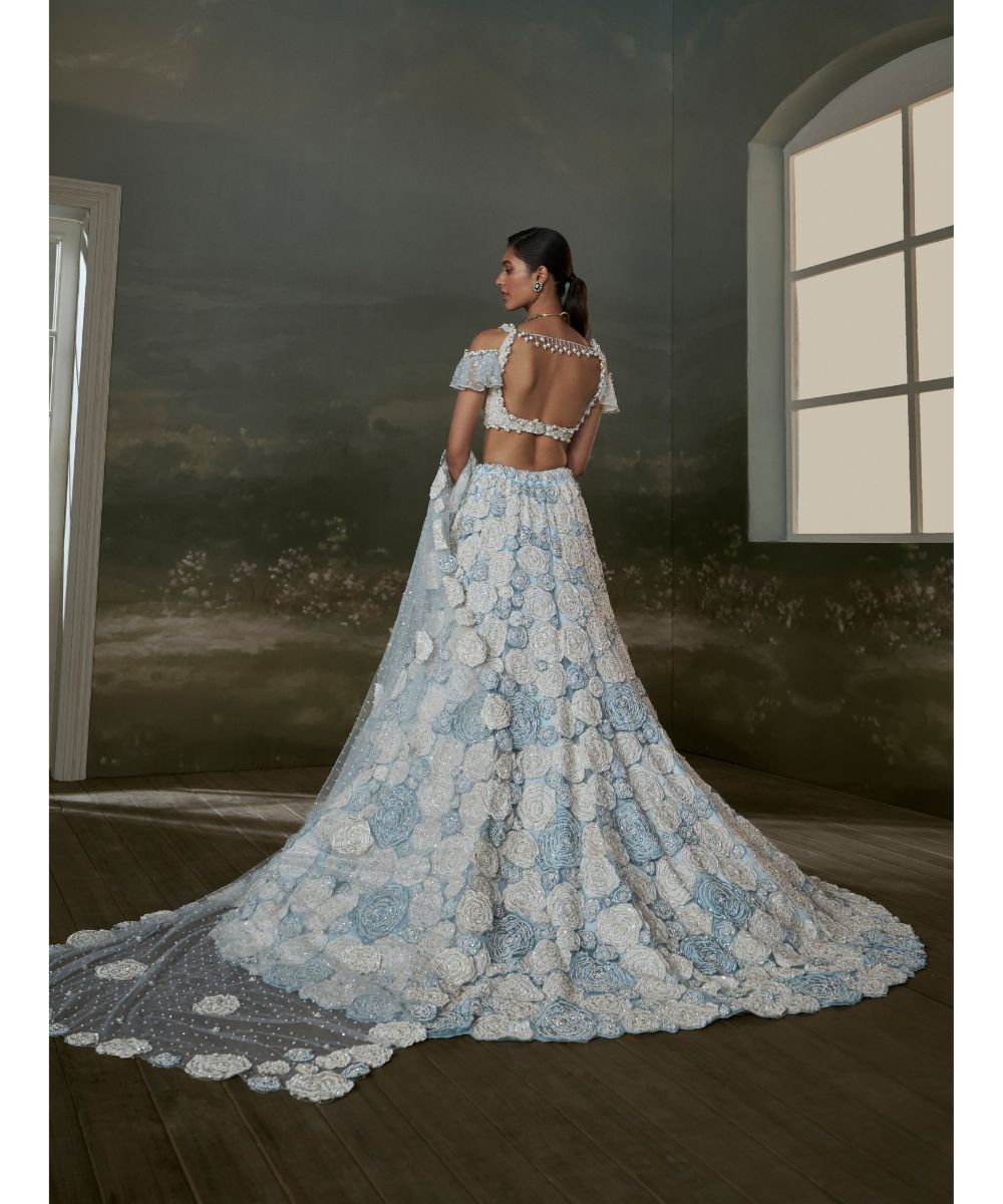 NITIKA GUJRAL - Powder Blue White Trail Lehenga Choli Set