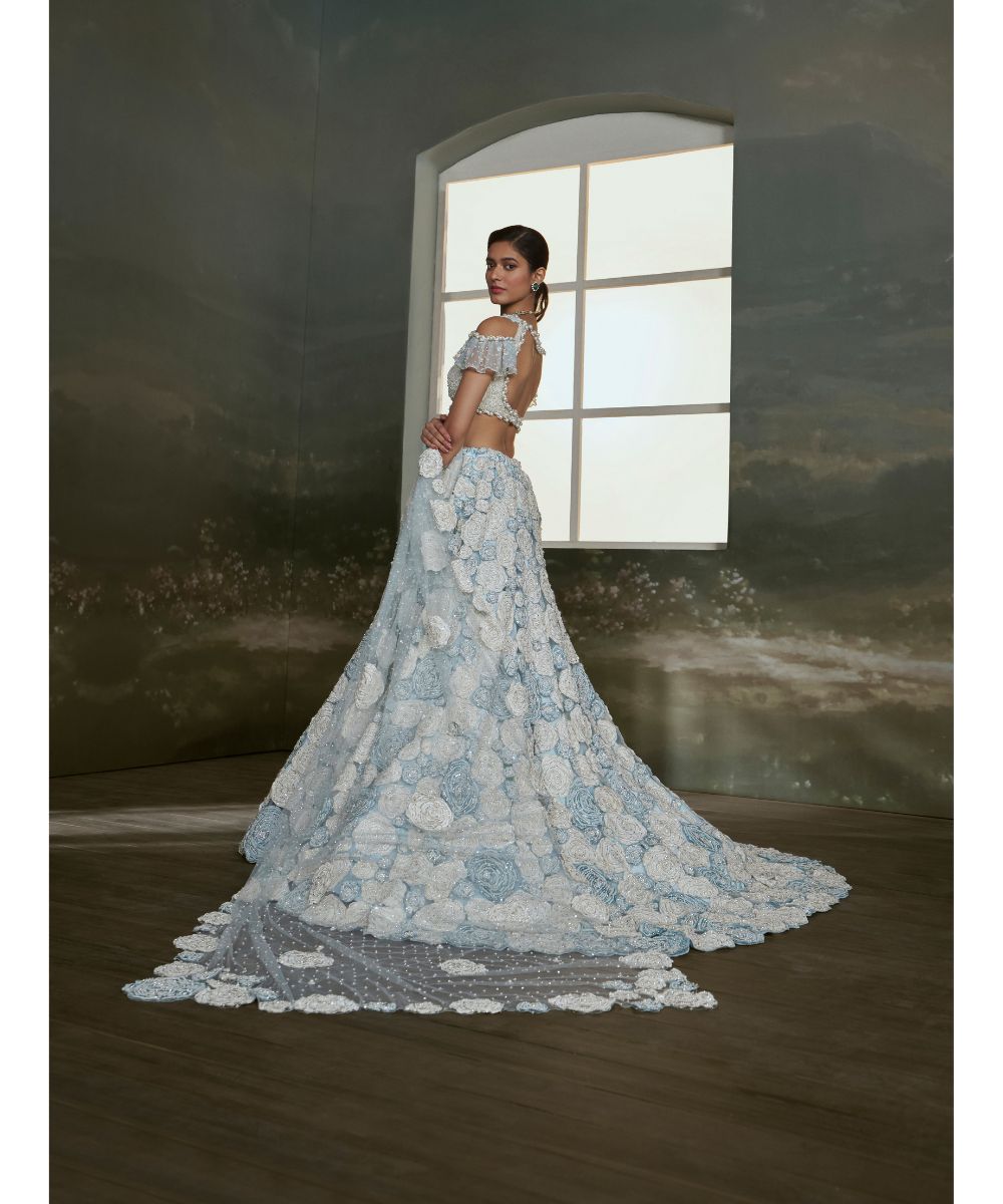 NITIKA GUJRAL - Powder Blue White Trail Lehenga Choli Set