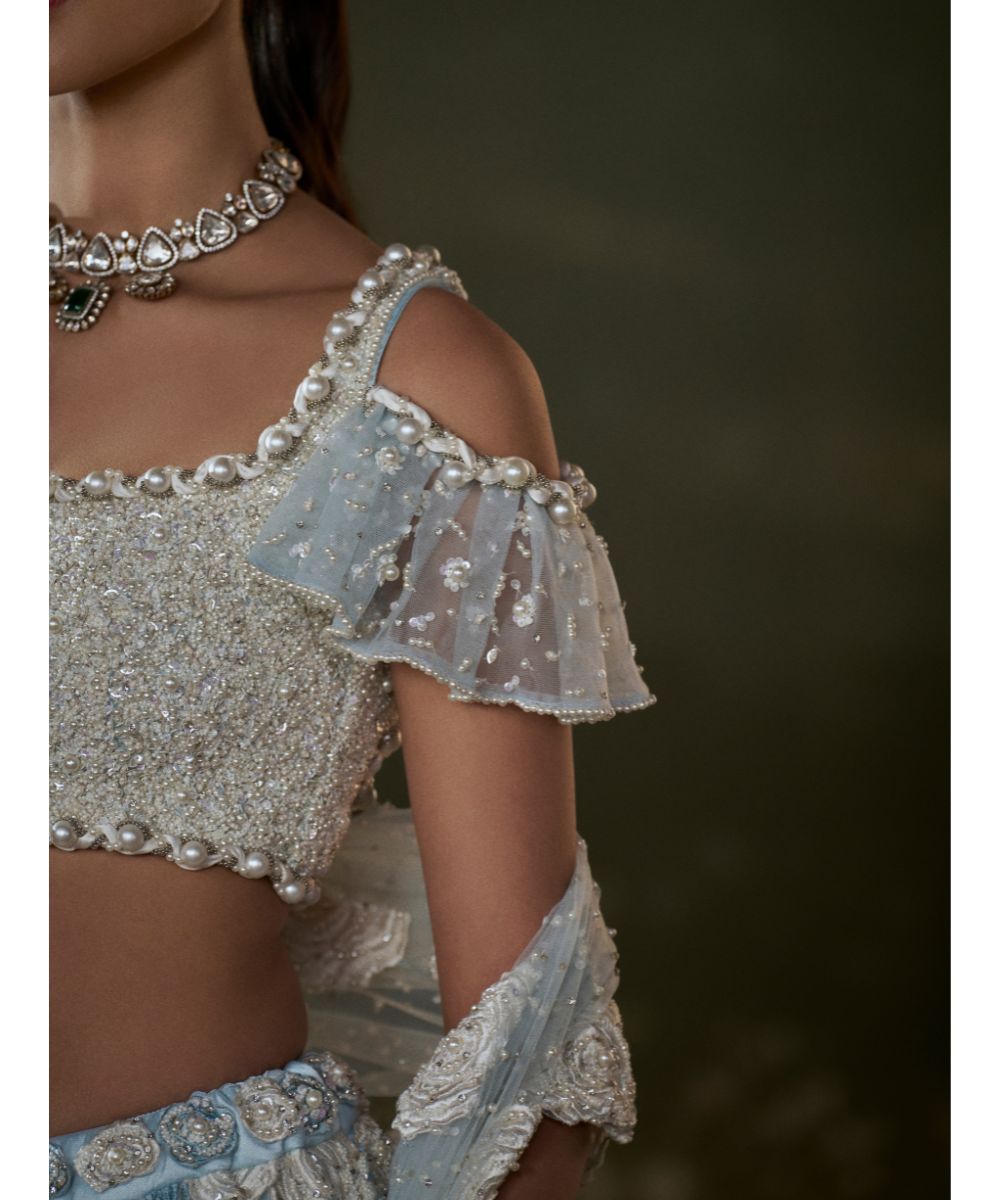 NITIKA GUJRAL - Powder Blue White Trail Lehenga Choli Set