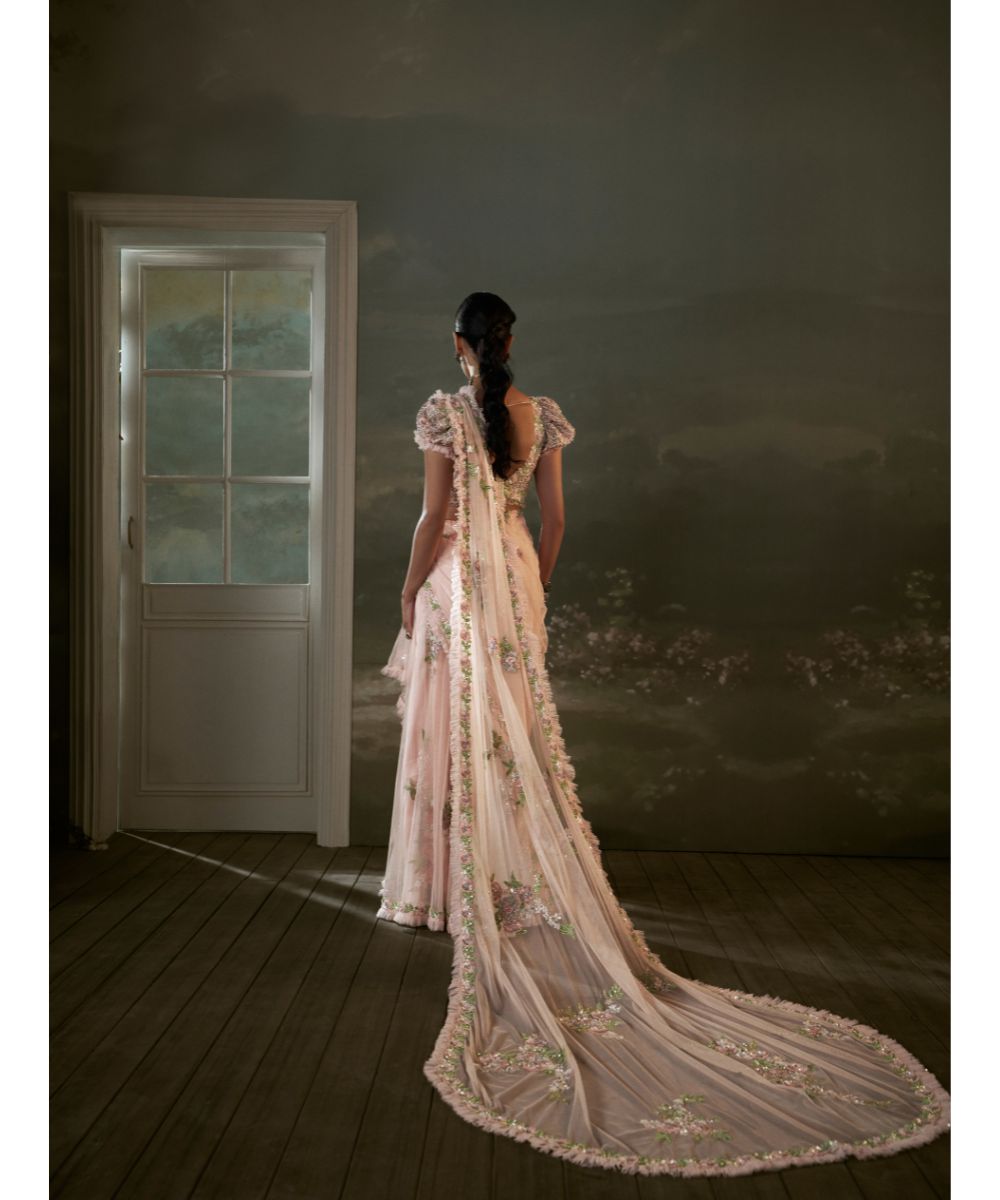 NITIKA GUJRAL - Rose Pink Pre-draped Saree With Trail