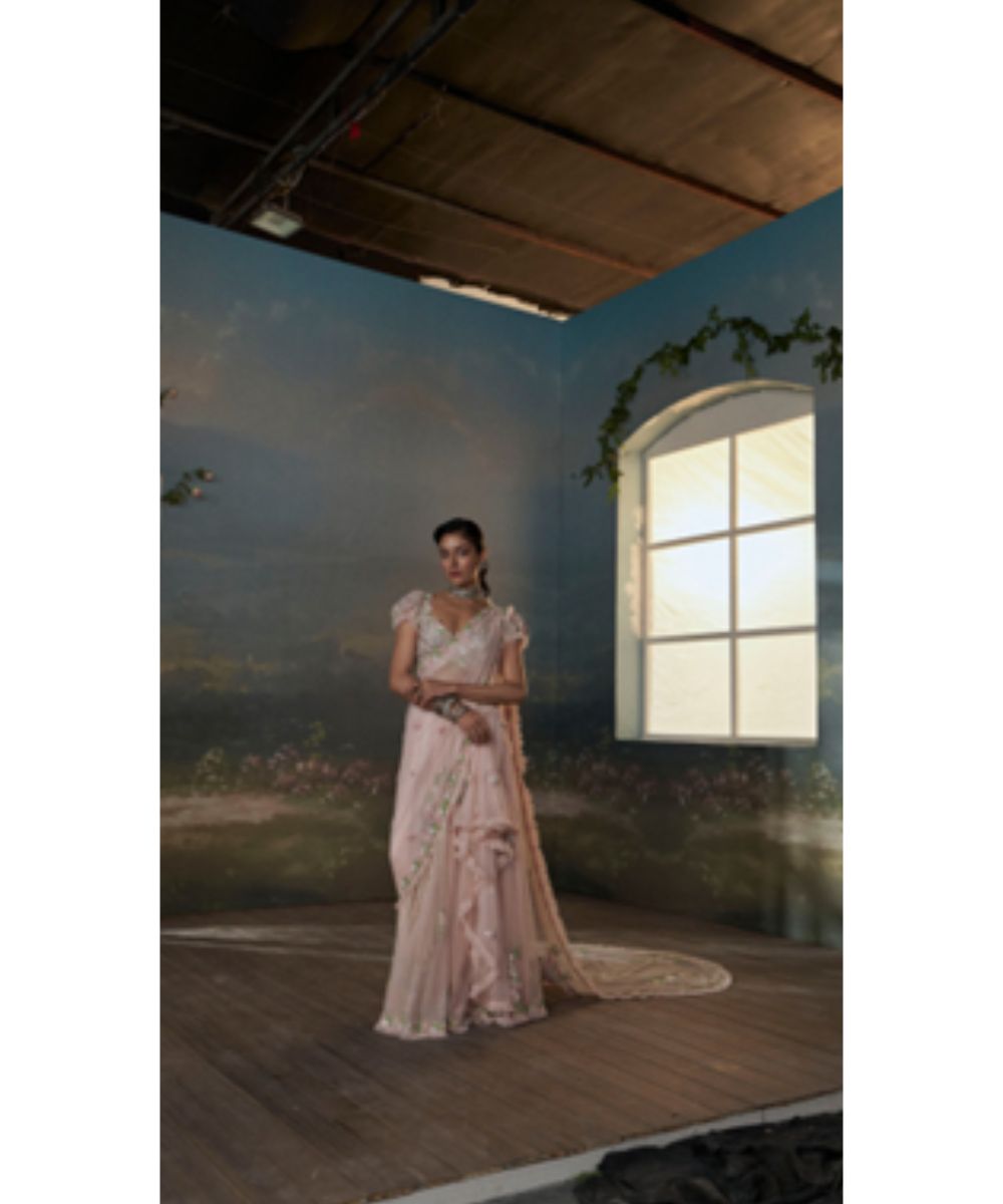 NITIKA GUJRAL - Rose Pink Pre-draped Saree With Trail