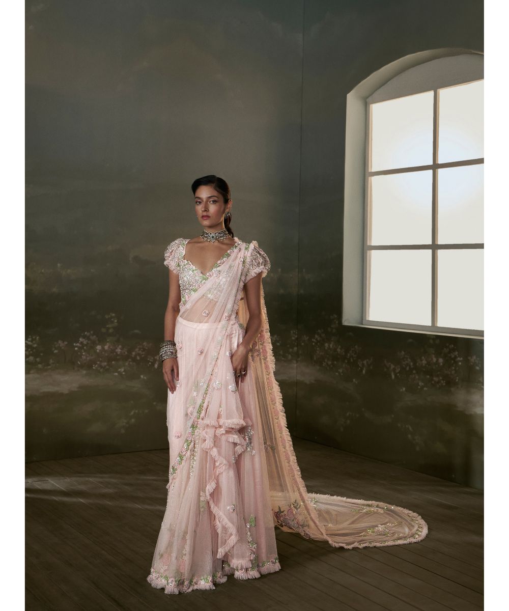 NITIKA GUJRAL - Rose Pink Pre-draped Saree With Trail