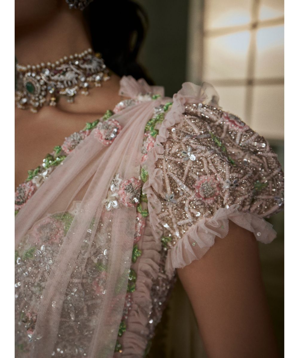 NITIKA GUJRAL - Rose Pink Pre-draped Saree With Trail