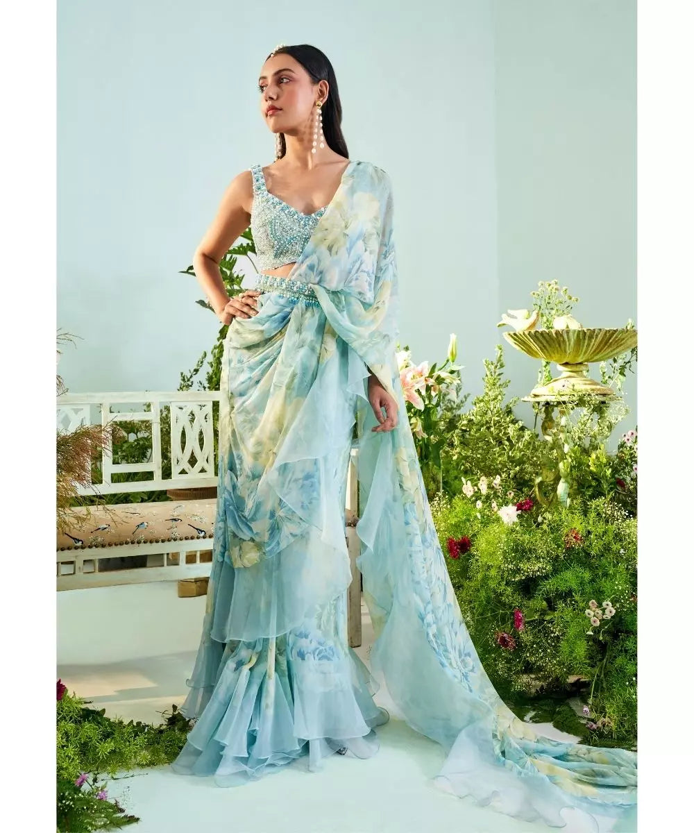 MANI BHATIA - Ice blue floral print Ruffle Saree